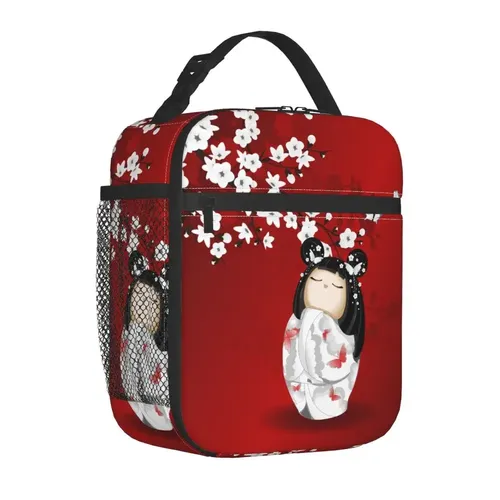 Kokeshi Puppe rot schwarz weiß Kirschblüten isoliert Lunch Bag japanische Mädchen Kunst Food Box