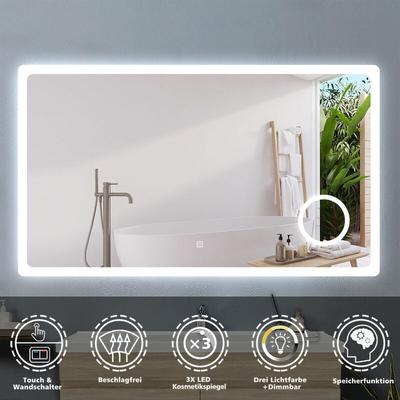 Badspiegel Wandspiegel LED Badezimmerspiegel Touch Beleuchtung Beschlagfrei+Kosmetikspiegel+3