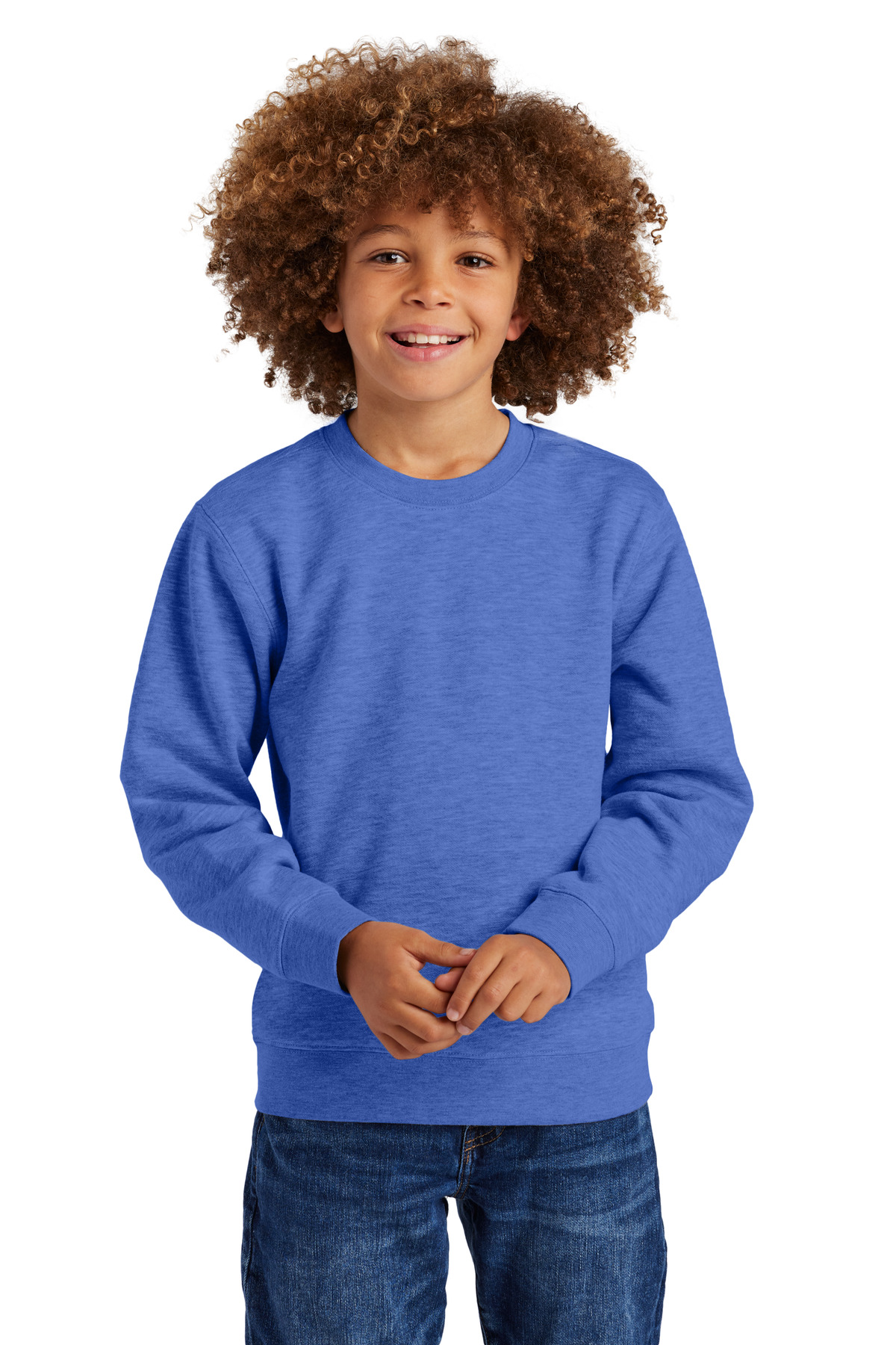 District DT6104Y Youth V.I.T. Fleece Crew T-Shirt in Royal Blue Frost size Large | Cotton/Polyester Blend