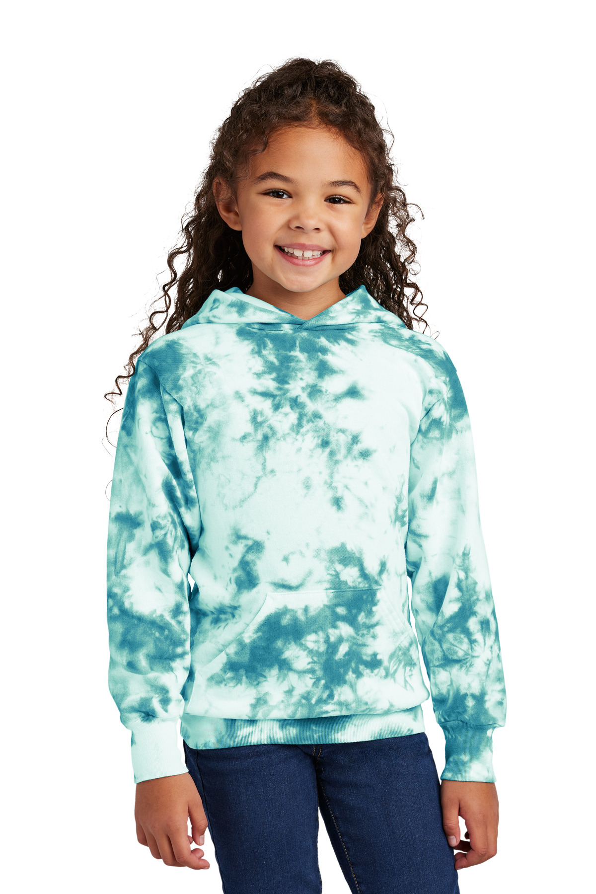 Port & Company PC144Y Youth Crystal Tie-Dye Pullover Hoodie in Teal size Large | 80/20 cotton/Polyester blend