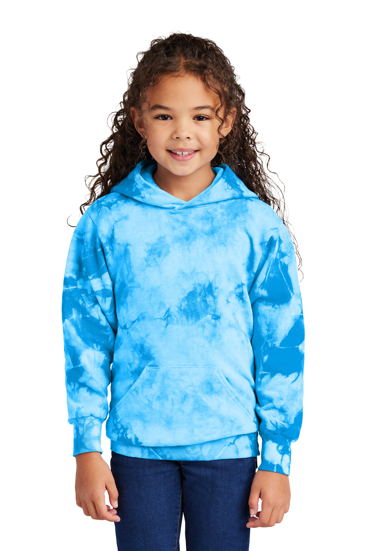 Port & Company PC144Y Youth Crystal Tie-Dye Pullover Hoodie in Sky Blue size Medium | 80/20 cotton/Polyester blend