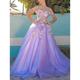 Floral Ball Gown A-Line Prom Blue Purple Dresses Elegant Dress Formal Prom Floor Length Sleeveless Off Shoulder Tulle Appliques 2024