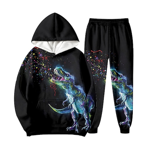 2 Stück kinderkleidung Jungen Kapuzenpulli Hose Outfit Tier Dinosaurier Langarm Set Casual Cool Täglich Winter Herbst 7-13 Jahre Schwarz Blau Orange Image