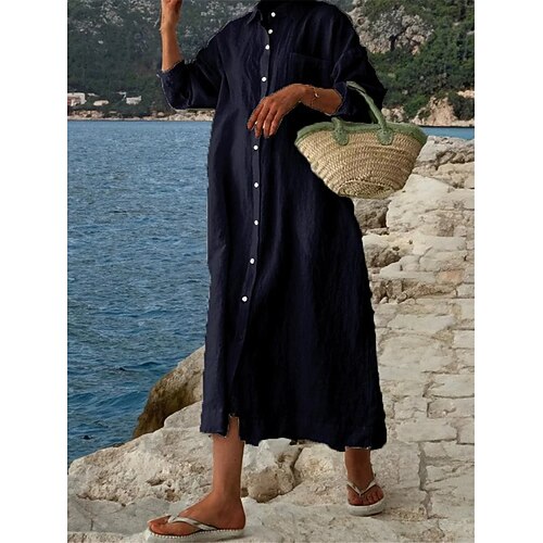 Damen Midikleid Hemdblusenkleid Kaftan Kleid Weißes Kleid Baumwoll-Leinen-Kleider Basic Modern Täglich Wochenende Lässiger Schnitt Einfach Dreiviertelarm Hemdkragen Schwarz Weiß Rosa Marineblau Image