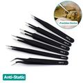 6pcs Esd Anti-static Stainless Steel Tweezers - Precision Maintenance & Industrial Repair Curved Tools For Home Working & Model Making