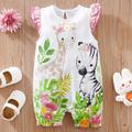 Newborn Infant Cute Cartoon Animal Printed Cotton Comfy Romper, Ruffled Sleeve Crew Neck Jumpsuit For Baby Girls, Summer Clothes