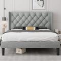 Size Wingback Platform Bed Frame with Upholstered Button Tufted Headboard / 8 Under-Bed Storage Space Sturdy Wooden Slats Noise-Free No Box Spring Needed Easy Assembly Light Gra