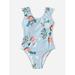 Girls 1pack Floral Print Scoop Neck One Piece Swimsuit Swimwear S221904X Baby Blue 130(7-8Y)