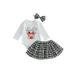 Canrulo Newborn Baby Girls Christmas Clothes Long Sleeve Santa Romper+Plaids Skirt+Headband Set White Black 6-12 Months