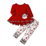 Quealent Girls Childrenscostume Female Big Kid Baby Girls Toddler Girls Christmas Winter Long Sleeve Santa Prints Shirt Tops Cartoon Pants 2PCS Size 4 (Red 4-5 Years)