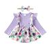 Mikrdoo Newborn Girls Clothes 6 Months Baby Girls Floral Print 12 Months Baby Girls Fake Two Pieces Ruffle Long Sleeve Bow Romper Dress With Headband 2Pcs Sets For Fall Winter Purple