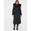 V by Very Maxi Belted Padded Coat With Faux Fur Trim - Black, Black, Size 10, Women