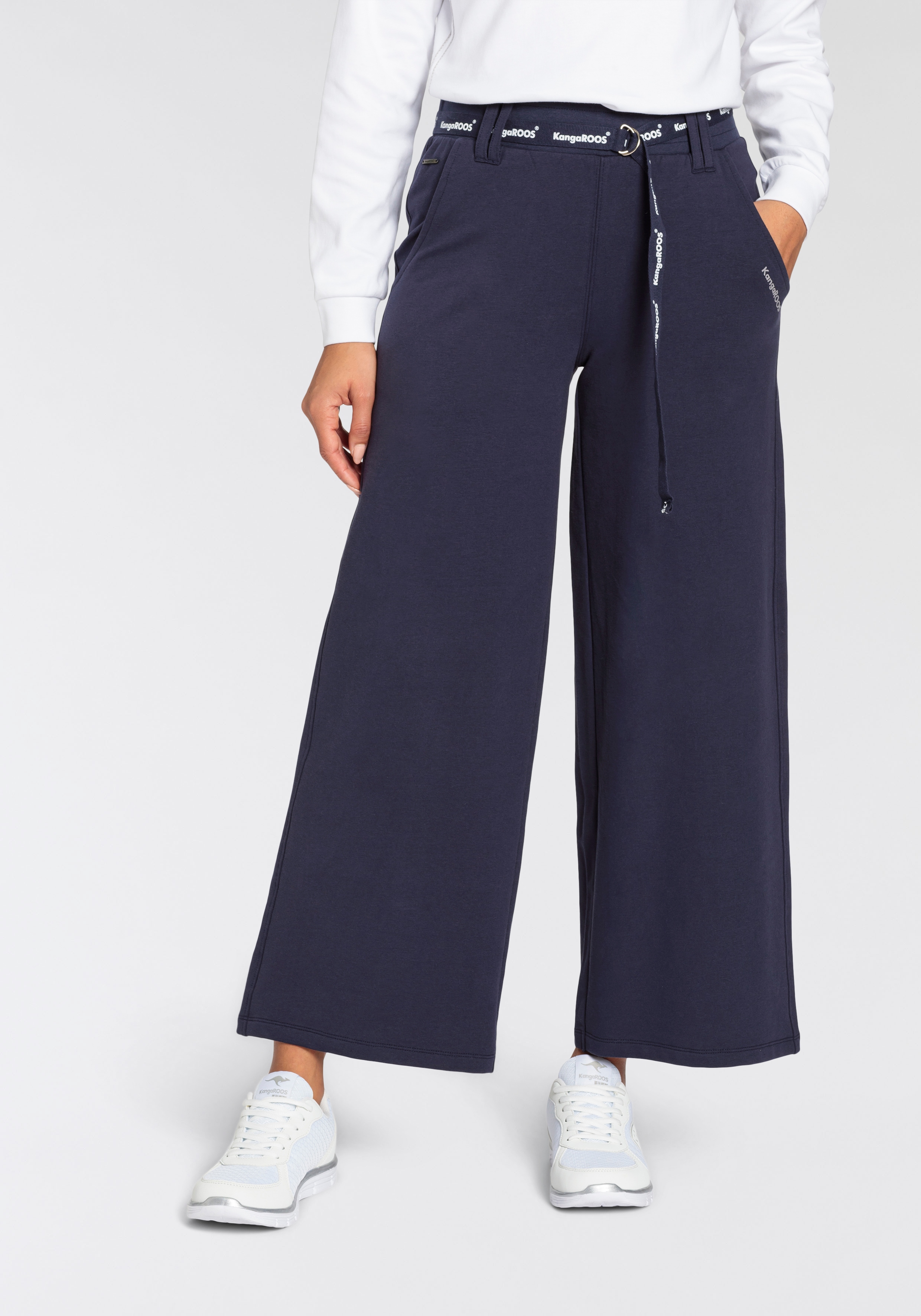 Jerseyhose KANGAROOS, Damen, Gr. 40 (M), N-Gr, blau (marine), Sweatware, Obermaterial: 95% Baumwolle, 5% Elasthan, bedruckt, unifarben, Casual, weit knöchelfrei, Hosen, mit weitem Bein in Culotte Form