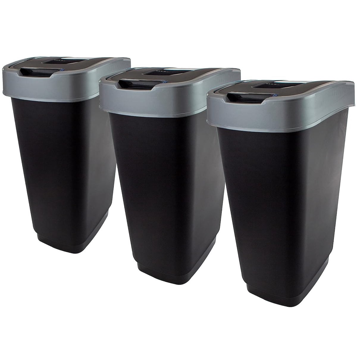 3er Set 50 l Abfalleimer mit Schwingdeckel 56x29x39 cm, Farbe: schwarz/silber Image