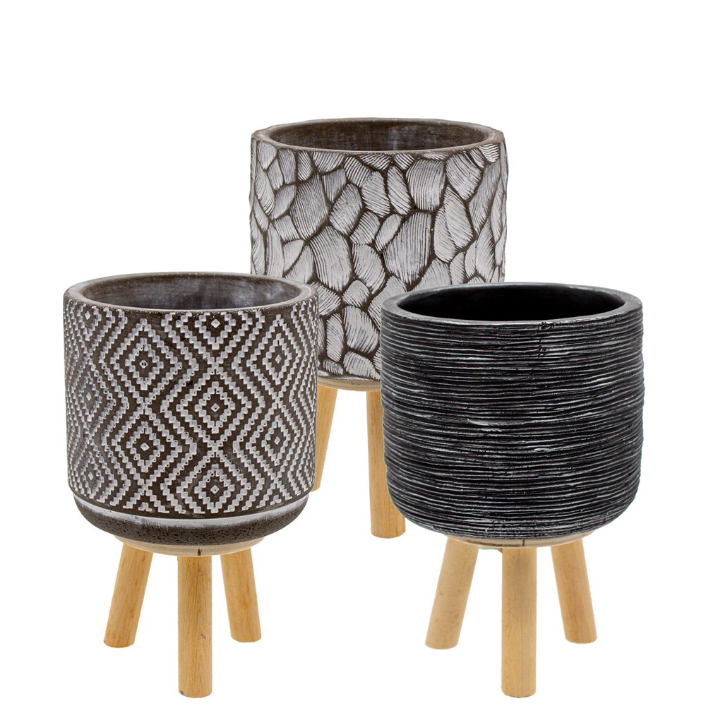 3er Set Pflanztopf PASADENA aus Zement, mit Holzfüßen d= 12 cm, Höhe ca. 20 cm Image