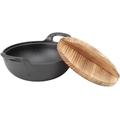 Vinbcorw Wok cast Iron, Frying pan with Flat Base and Wooden lid, Authentic Asian Dishes, cast Iron Stirring pan withstands Direct Heat, Frying Pot,34cm