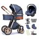 High View 3 in 1 Baby Pram Stroller Basket Foldable Pushchair with Stroller Accessories,Large Bassinet Stroller,Standard Car Seat Stroller Combo,Multi-Position Recline (Color : Blue)