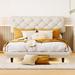 Linen Fabric Floating Platform Bed, Wooden Bed Frame with Light Stripe, Button-Tufted Design Headboard, Wood Slat Support