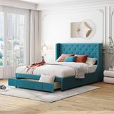 Queen Size Velvet Upholstered Storage Bed, Wood Platform Bed Frame with Wingback Headboard & Drawer, No Box Spring Required
