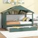 House Bed with Trundle & Storage Shelf, Wood Platform Bed Frame with Support Slats, Floor Low Platform Bed Loft House Bed