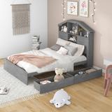 Full Size Platform Bed with Storage Headboard & 2 Drawers, Wood Storage Bed Frame with House-Shaped Headboard, Gray