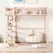 Full Metal Loft Bed Frame w/4-Tier Shelves and Mesh Guardrails, Pink