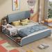 Full Size Upholstered Platform Bed with Built-in Nightstand and Guardrail, PU Leather Upholstered Grounded Bed, Gray