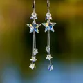 New Silver Plated Starry Sky Glass Filled Crystal Drop Dangle Earrings For Women Long Tassel Earring