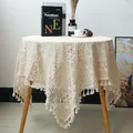 Handmade Cotton Crocheted Tablecloth Cotton Beige Lace Rectangle Table Cloth Cover With Fringe
