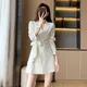 Spring Autumn New Long-Sleeved Beaded Bow Suit Dress Women's White Ladies Mid-Length