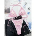 2023 New Shiny Love Metal Halter Mini Pink Bikini Female Swimsuit Women Swimwear Heart Ring Deco