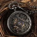 Unique Mechanical Pocket Watch Hollow Black Dial Hand-Winding Men Pendant Collection Fob Chain Watch
