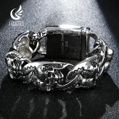 Fongten 20cm Schädel Armband für Männer Edelstahl schwere männliche Armreif Armbänder Gothic Silber