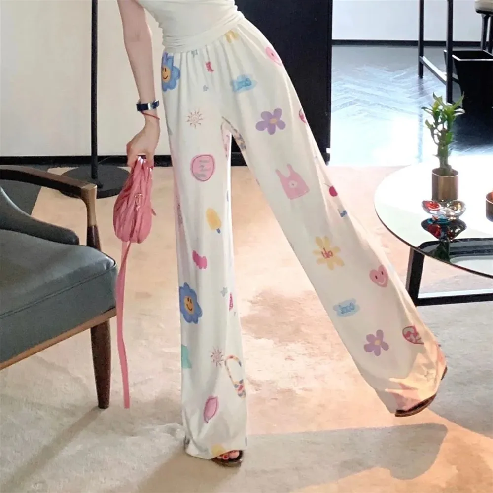 Y2k Cartoon Print pantaloni elastici Casual a vita alta donna Kawaii Harajuku pantaloni larghi estivi da strada pantaloni da studente di moda coreana