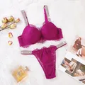 Push Up Pink Sexy Women Underwear Set Rhinestone Letter Comfort Panties Brand Plus Size Lace Bra