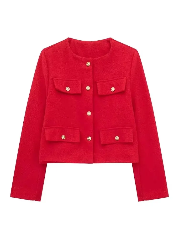 HH Frauen Vintage Feste Mantel Taste Langarm O Neck Jacke Mit Tasche 2024 Frühling Elegante Weibliche Casual Oberbekleidung Jacke