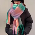 Green Pink Super Long Scarves Comfortable Fluffy Large Plaid Pattern Scarf Woman Winter Windproof