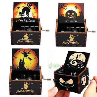 Antik geschnitzte hölzerne Handkurbel Happy Halloween Spieluhr Du bist mein Sonnenschein, Image