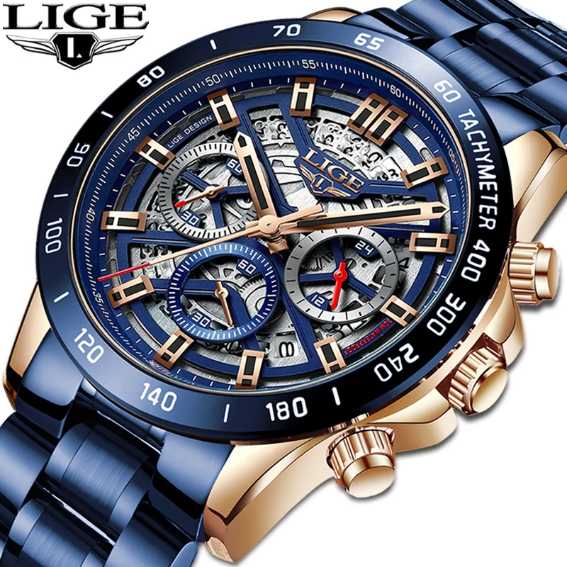 LIGE Mode herren Uhren Top-marke Luxus Edelstahl Uhr für Männer Stahl Casual Sport Mann Chronograph Quarz Relogio Masculino Image