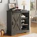 Gracie Oaks Tall Grey Wood Wine Corner Coffee Bar Cabinet w/ Storage Barn Door Shelves Adjustable Living Room | Wayfair