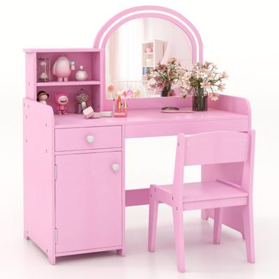 Costway Kids Vanity Table and Chair Set with Shelves Drawer and Cabinet-Pink