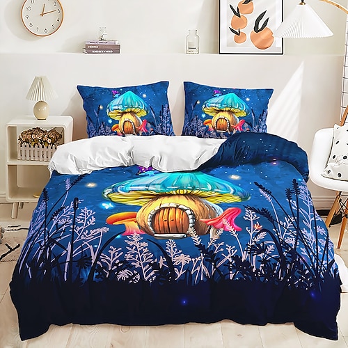 Pilzwald-Bettbezug-Set, bedrucktes Bettwäsche-Set, Bettbezug-1 Bettbezug, 2 Kissenbezüge oder 1 Kissenbezug, Bettwäsche-Set Image