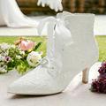 Women's Heels Wedding Shoes Dress Shoes Wedding Party Wedding Heels Satin Flower Kitten Heel Stiletto Pointed Toe Elegant Lace Satin Lace-up White Ivory Champagne