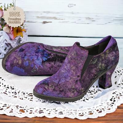 Women's Floral Suede Heeled Ankle Booties – Elegant Vintage Style Slip-On Shoes for Evening Events and Parties