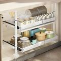 2-Tier Retractable Pull Out Cabinet Organizer(24.2 -39.8 Wx16.5 D) Pull Out Shelves for Large Kitchen Cabinet Drawer Slide Out Pantry Storage Basket No Drilling Required with Dish Shelf