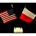 Made in USA. 1 American and 1 Poland Miniature Country Rayon 4 x6 Office Desk Flag. Little Hand Waving Table Flag Includes Crossed White Flag Stand With 2 Small 4 x6 Mini Stick Flags