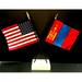 Made in USA. 1 American and 1 Mongolia Miniature Country Rayon 4 x6 Office Desk Flag. Little Hand Waving Table Flag Includes Crossed White Flag Stand With 2 Small 4 x6 Mini Stick Flags