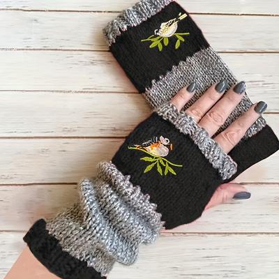 TEMU Color Block Half Finger Gloves Bird Embroidery Warmer Knit Gloves Vintage Thick Stretchy Fingerless Gloves Image