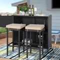 3-Piece Patio Outdoor Bar Set with Two Stools and Glass Top Table Patio Brown Wicker Furniture with Removable Cushions for Backyards Porches Gardens or Poolside