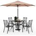 VILLA 7 Piece Outdoor Dining Set with Umbrella for 6 60\u201D Rectangular Metal Dining Table & 6 Stackable Metal Chairs & 13ft Large Beige Umbrella for Outdoor Deck Yard Porch